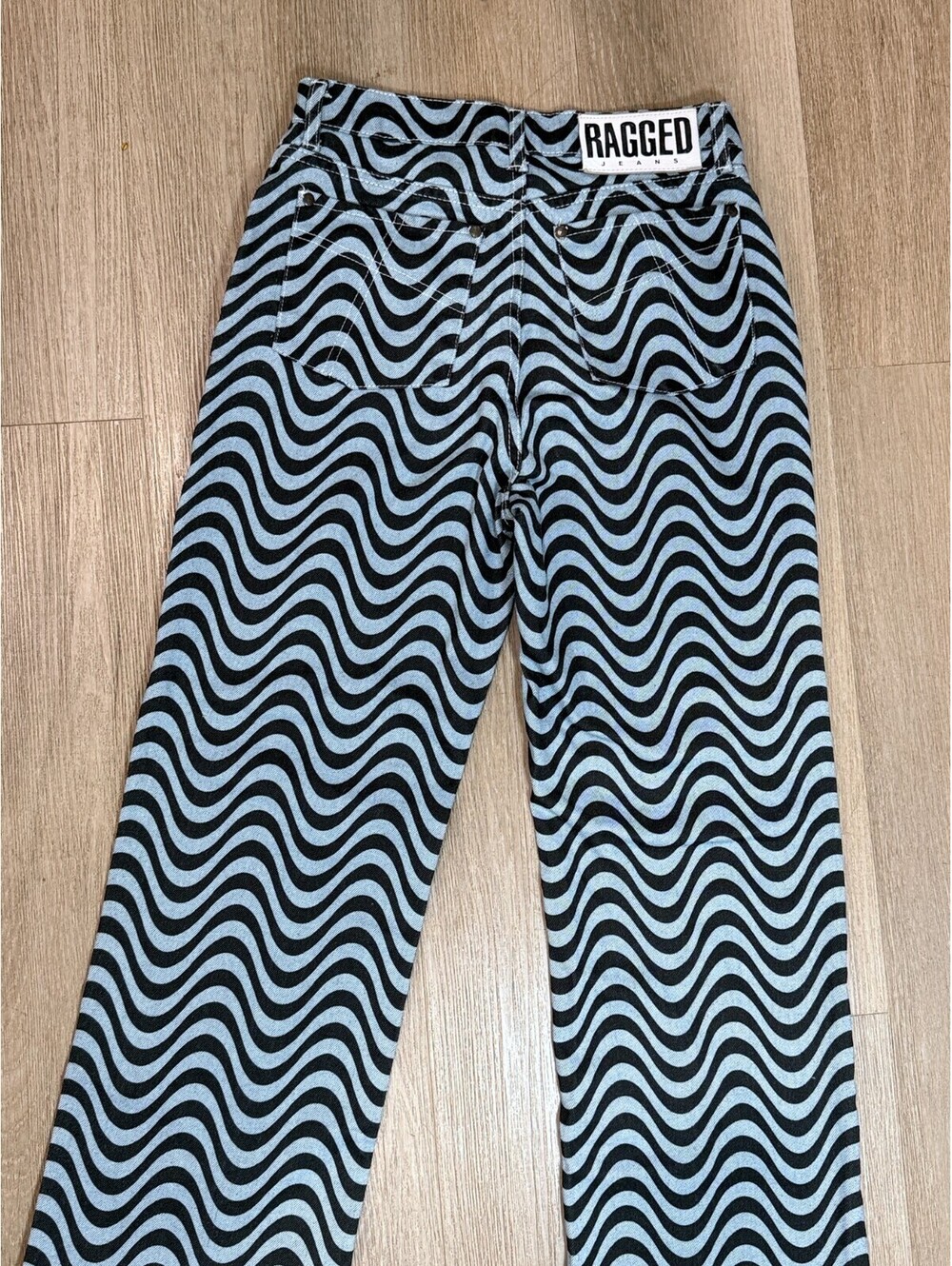 Ragged Jeans Size 26 Blue Black Swirl Print Denim Y2K Psychedelic Op Art Pants